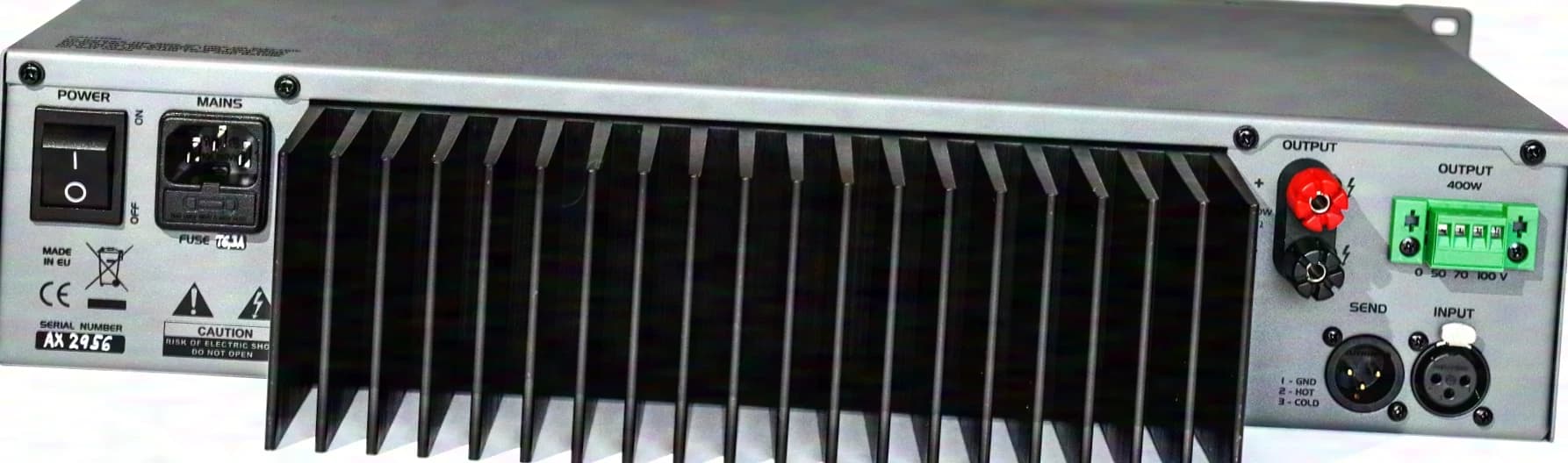 Amplificateur d’installation monocanal axxent AX1400TS, 400 W sur sortie basse impédance et sortie isolée 50/70/100 V.