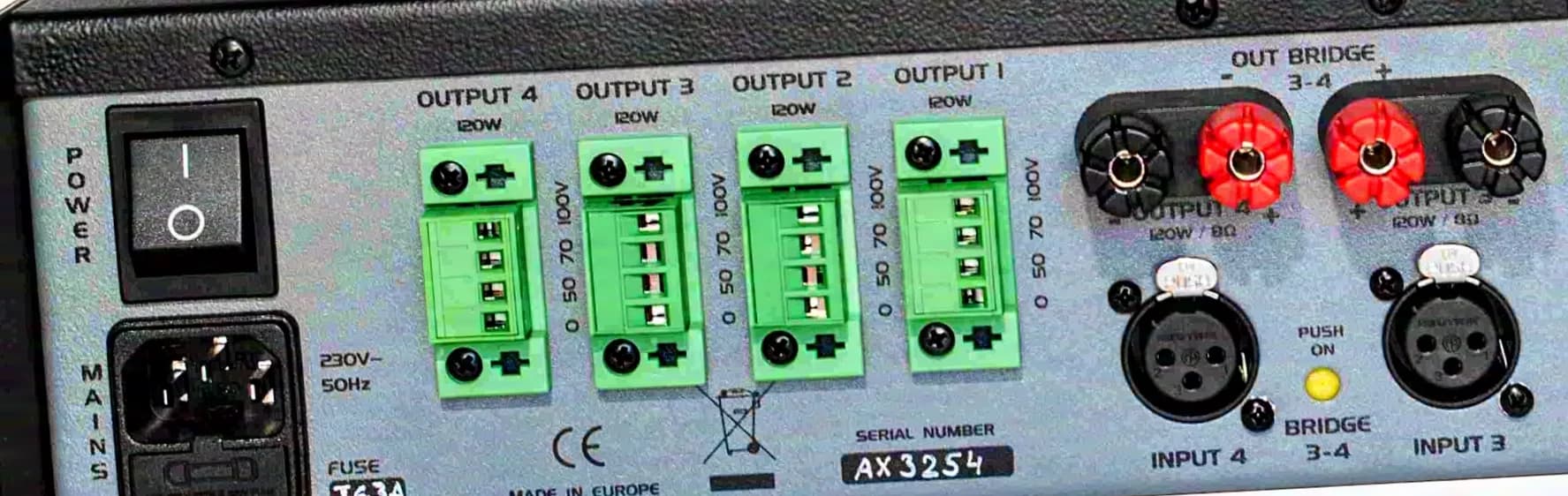 axxent AX4120TS amplificateur d'installation 4x120 W basse impédance et 50/70/100 V, fonctionnement sans mise à la terre